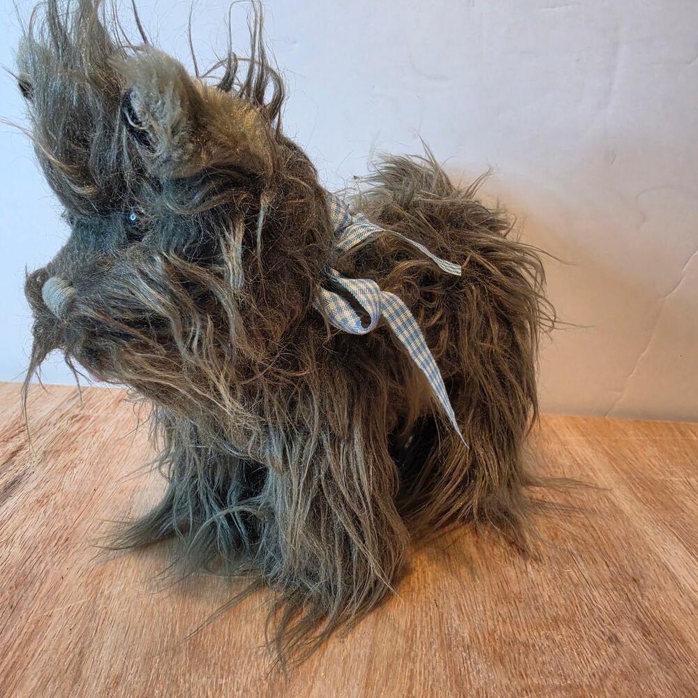 Wizard of Oz Toto plush shaggy gray fur blue/white gingham bow 7.7" tall - Picture 2 of 3
